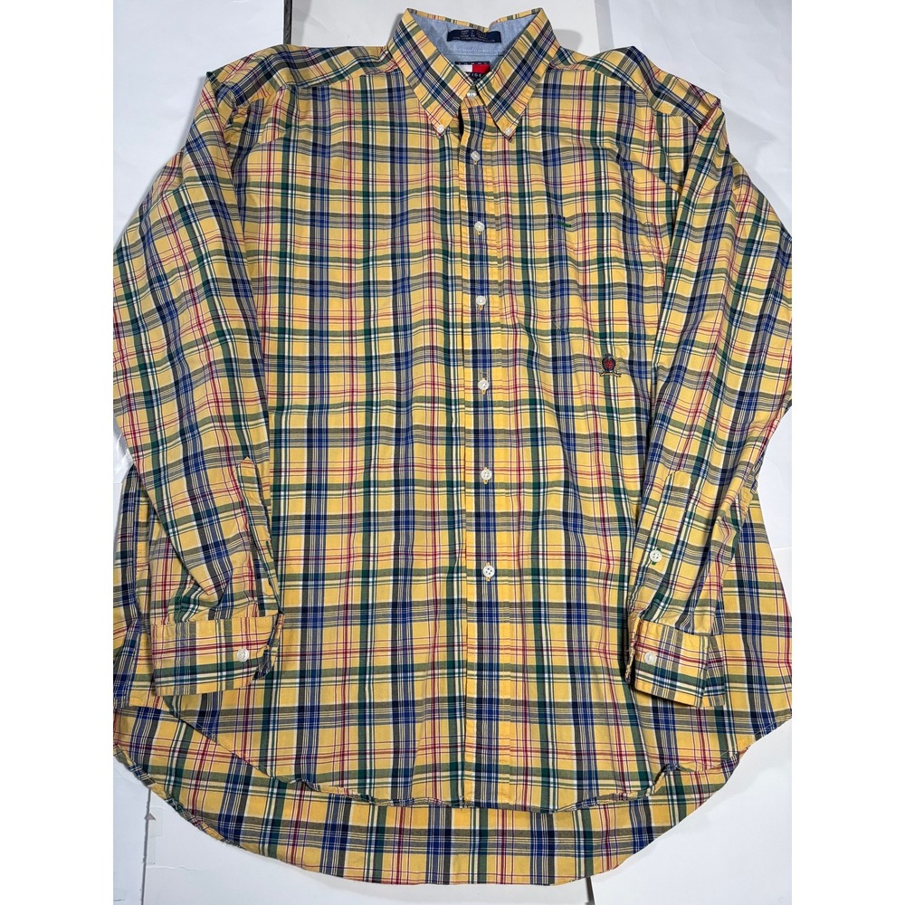 Tommy Hilfiger XL Yellow Plaid Button Front Shirt Mens Long Sleeve Cotton
